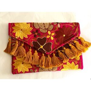 Embroidered Floral Tassel Clutch Pink and Yellow